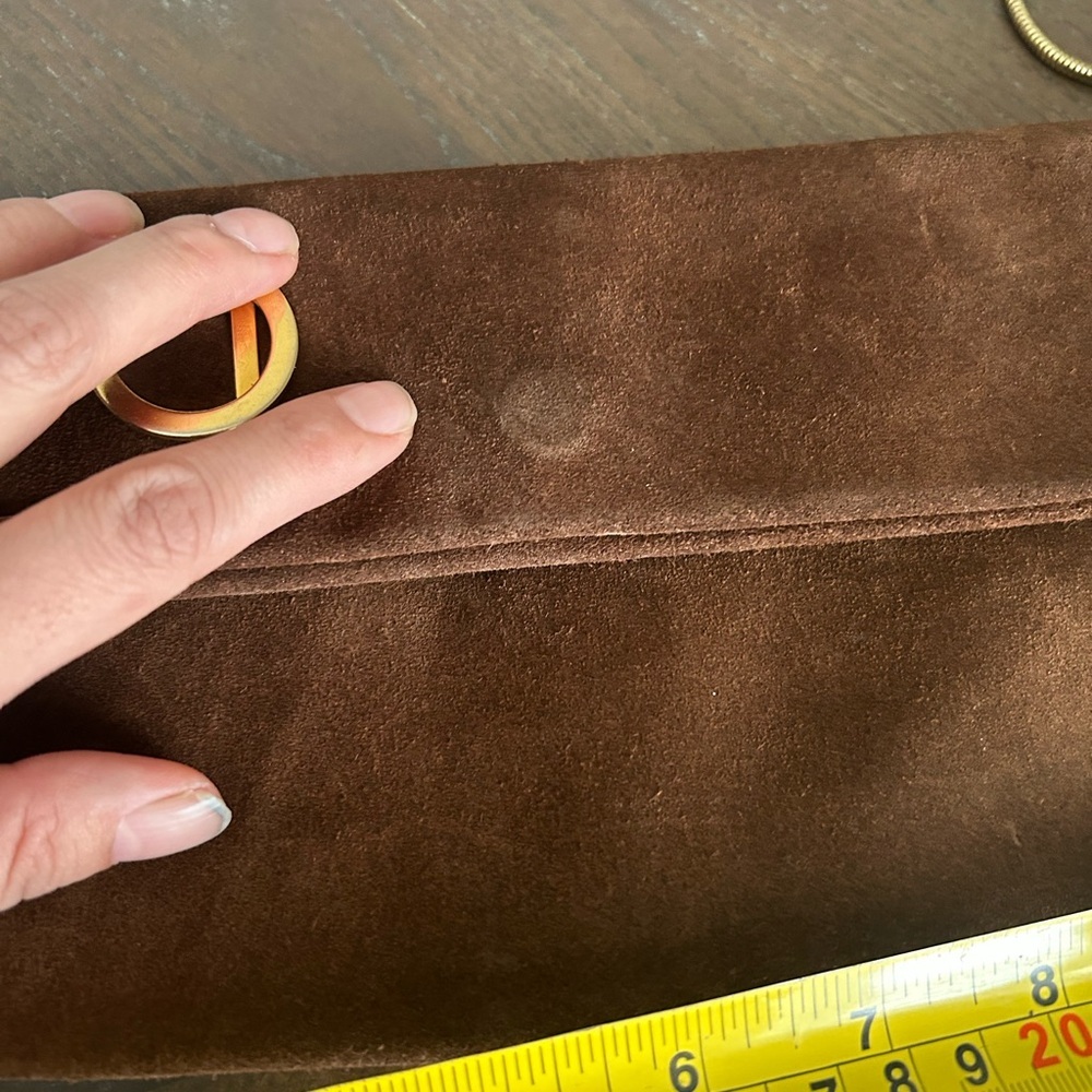 Brown leather clutch with minimalist gold-tone details and gold chain wristlet - Picture 12 of 14